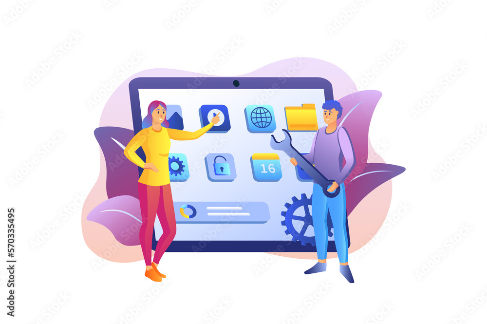 Aufkleber app development violet gradient concept with people scene in the flat cartoon style. two employees w