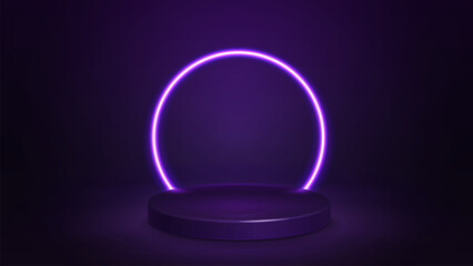 Empty purple podium with line neon ring on background. 3d render. illustration with abstract scene with purple neon frame