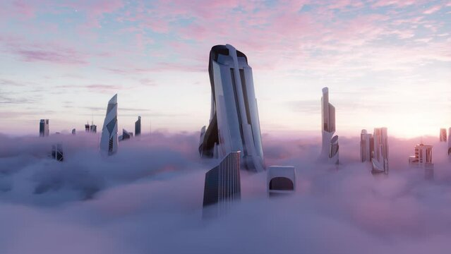 Futuristic City in the clouds with high tech building at cloud level and sunset sky, aerial view, 3d render, orbit shot