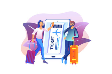 Travel violet gradient concept with people scene in the flat cartoon style. Young couple with electronic tickets is in hurry to rest.