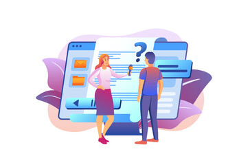 Journalist violet gradient concept with people scene in the flat cartoon design. Journalist ask interesting questions to a famous person.