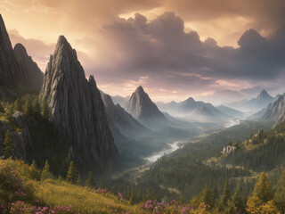 A alpine meadow with a dramatic mountain vista, fantasy painting