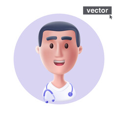 Young smiling doctor with stethoscope, medical specialist avatar. Realistic 3D style vector character illustration in cartoon style.