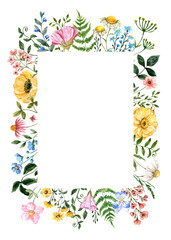 Pretty and colorful floral frame. Watercolor hand-painted wildflowers, plants, herbs, leaf on white background. Botanical rectangle border. PNG clipart.
