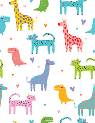 Colorful Safari Animals Vector Seamless Pattern with Giraffe, Leopard, Crocodile and Hearts isolated on a White Background. Toy Animals Repeatable Print with ideal for Fabric, Wrapping Paper.