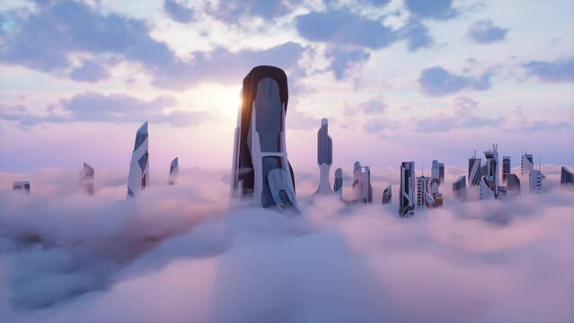 Futuristic City in the clouds with high tech building at cloud level and sunset sky, aerial view, 3d render, fixed camera
