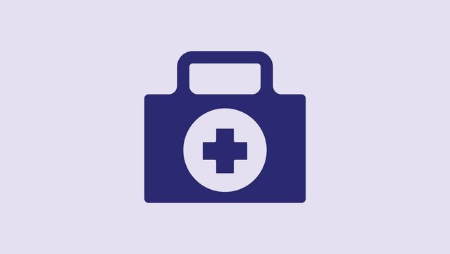Blue First aid kit icon isolated on purple background. Medical box with cross. Medical equipment for emergency. Healthcare concept. 4K Video motion graphic animation