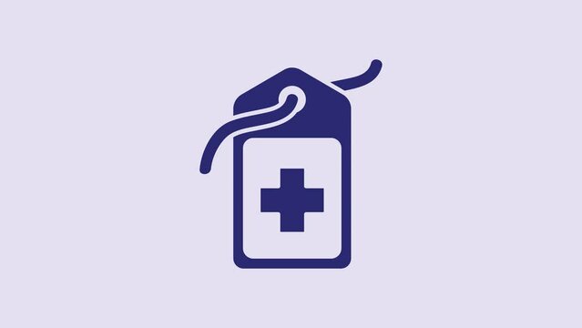 Blue Cross hospital medical tag icon isolated on purple background. First aid. Diagnostics symbol. Medicine and pharmacy sign. 4K Video motion graphic animation