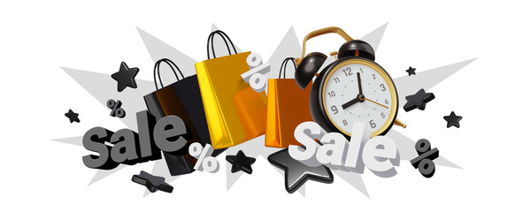 3d illustration with word sale, shopping bag and black retro alarm clock on white color background. 3d style design
