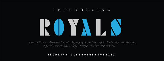 Minimal modern alphabet fonts. Typography minimalist ROYAL  digital neon future creative logo font. vector illustration