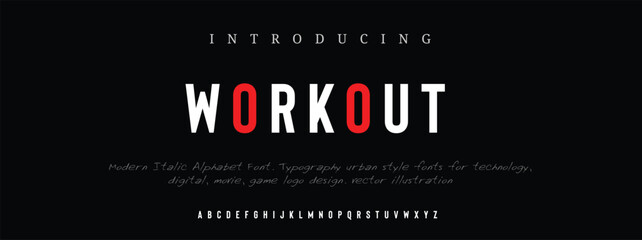 Minimal modern alphabet fonts. Typography minimalist WORKOUT digital neon future creative logo font. vector illustration