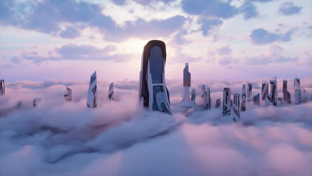 Futuristic City in the clouds with high tech building at cloud level and sunset sky, aerial view, 3d render, soft camera move