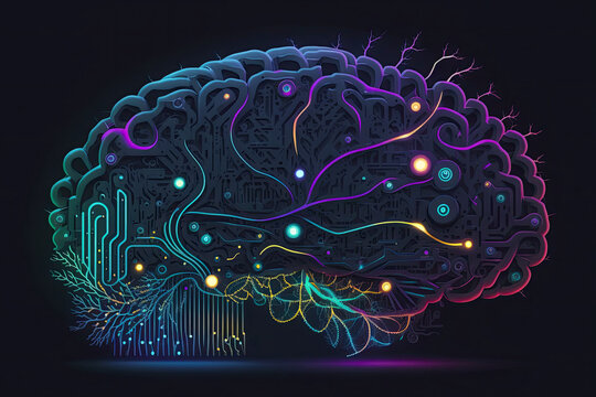 digital artificial intelligence brain with neural connections to a processor and microchips. Generative AI