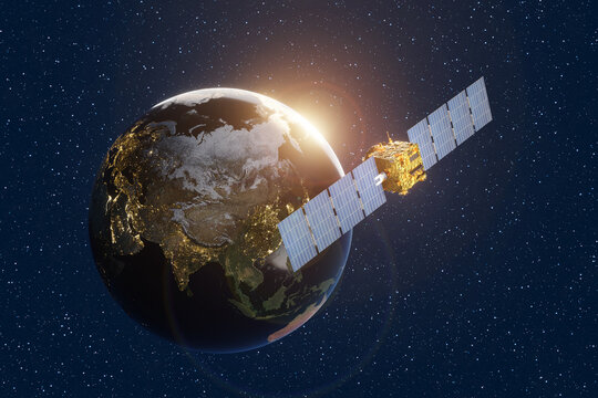 Satellite orbiting around the Earth on starry night background. Illustration of the concept of mobile satellite Internet and space telecommunication technology