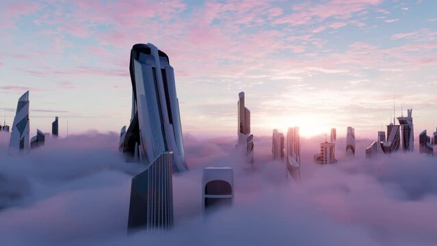 Flying through a Futuristic City in the clouds with high tech building at cloud level and sunset sky, aerial view, 3d render