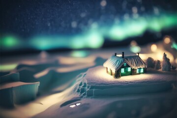 Winter Cabin with northern lights, Tilt-Shift