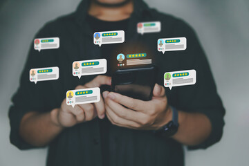 Customer review good rating concept, hand pressing five star icon on feedback app mobile for...