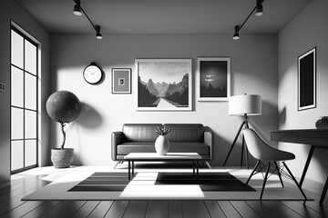 Modern room with sofa and wall art, furniture, couch, table, coffee table, interior design, bright, gray walls, grey walls, overhead lighting, elegant, ai generated, 3d rendering