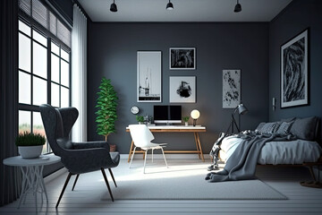 Modern room with day bed and monitor, furniture, interior design, office, bright, gray walls, grey walls, desk, chair, large window, overhead lighting, wall art, elegant, ai generated, 3d rendering