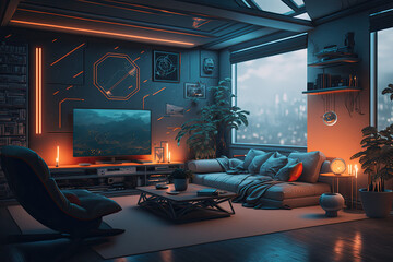 Cyberpunk living room with sofa and tv, dark living room, futuristic living room, furniture, interior design, dark theme, ai generated, 3d rendering