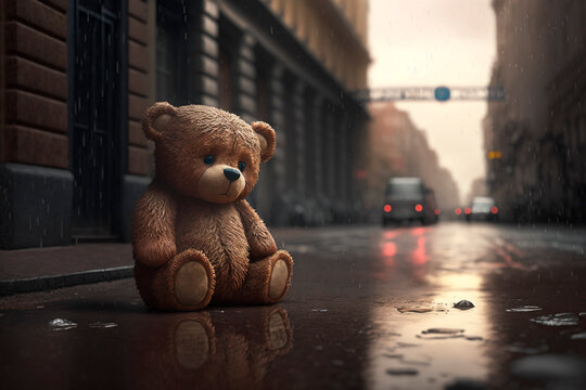 Teddy bear abandoned in the city. AI generation