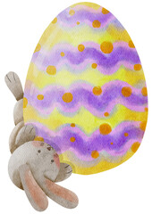 Water color image, on water color paper texture, of an easter bunny with his colorful egg.