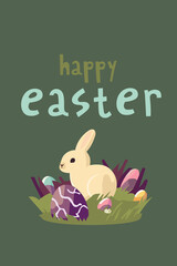 Easter card with bunny, easter eggs and celebration lettering Happy Easter