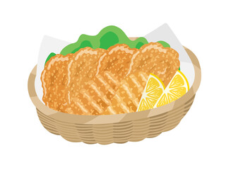 フライドチキンが入った、バスケットのイラスト