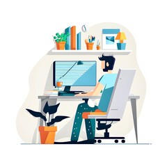 Flat design of a person working from home remotely