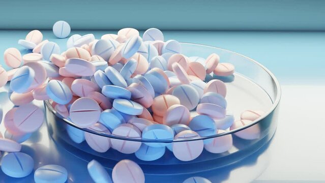 A 3D animation in 60 fps of many colorful, red and blue pills falling into a glass bowl.