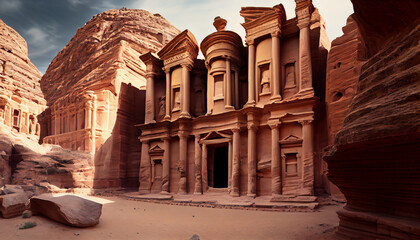 The Preserved Past: A View of the Ancient Buildings of Petra, Jordan generated by AI
