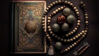 Ramadan Vibes: Top View of Quran and Tasbih for ramadan banner Created by Generative AI