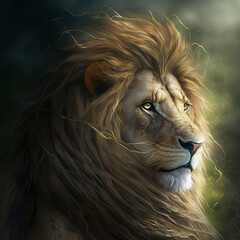 A Close-up Portrait of a Triumphant and Proud Lion Standing as the King of the Jungle with Light Wind in the Background made with Generative AI