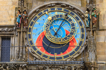 Prague astronomical clock close-up. The main attraction of the capital of the Czech Republic. Background