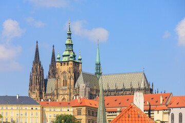 Fototapeta premium View of the Gothic Catholic Cathedral of St. Vitus, Wenceslas and Vojtech in Prague Castle. Background