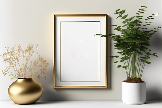Interior poster mockup with vertical golden metal frame on white wall . A4, A3 size format. , illustration. Generative AI