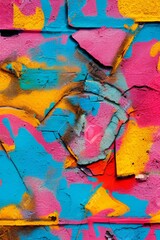 Obraz na płótnie Canvas Graffiti bright colored old plastered. Closeup of colorful messy painted urban wall texture. Modern pattern for wallpaper design. Creative urban city background. - generative ai