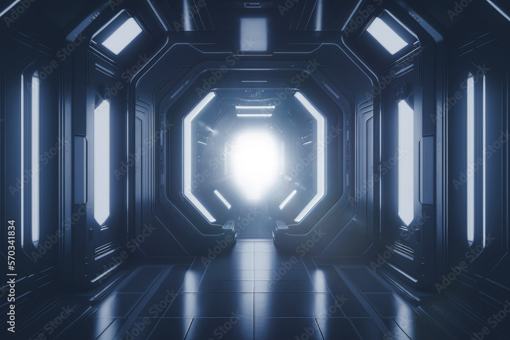 Poster spaceship hallway futuristic sci-fi tunnel passageway with glowing shiny neon lights ,futuristic sci