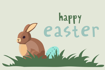 Easter card with bunny, easter eggs and celebration lettering Happy Easter