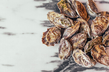 Closed oysters shells on marble background, top view 