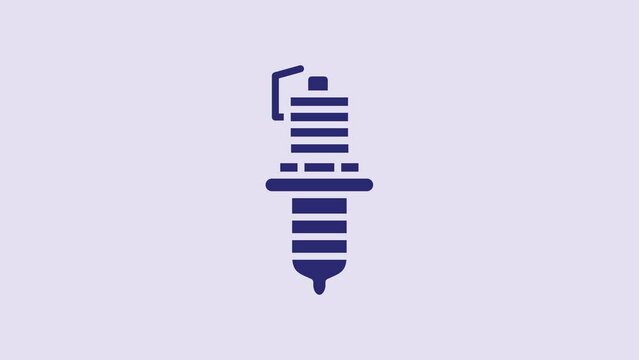 Blue Car spark plug icon isolated on purple background. Car electric candle. 4K Video motion graphic animation