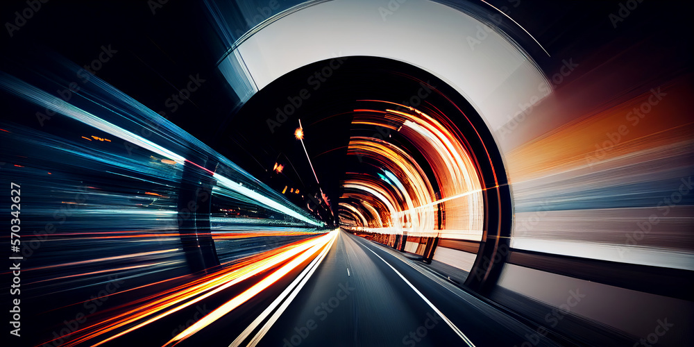 Poster abstract long exposure dynamic speed light trails in a tunnel. generative ai