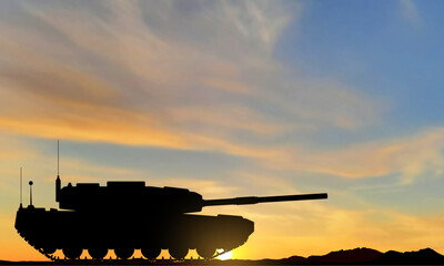 Fototapeta na wymiar Silhouette of a main battle tank on a battlefield against the sunset. EPS10 vector