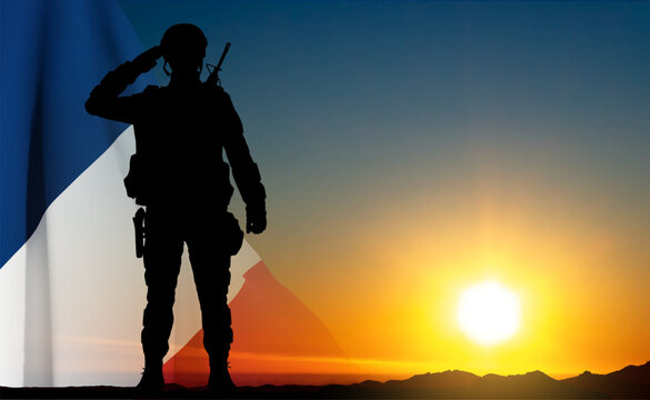 Silhouette of a French saluting soldier on background of sunset and French flag. Concept - Armed Forces. EPS10 vector