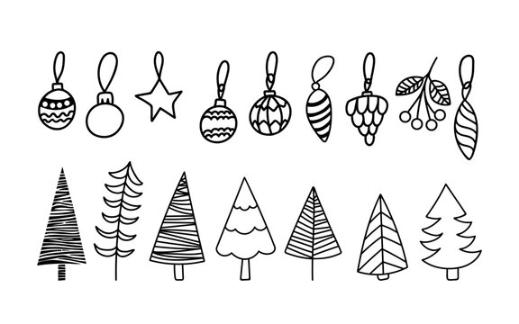 Christmas tree clipart set with toys. Hand drawn vector doodles