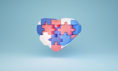 Health care concept, 3D illustration. Puzzle piece shaped like a heart. Solution or strategy for good health. Need for support and careful planning in maintaining good health and personal well being.