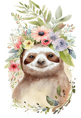 Fototapeta na wymiar Watercolor cute hand drawn sloth, Sloth in floral wreath, flowers bouquet, generative ai, png transparent background.