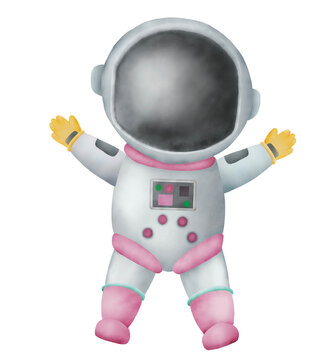 Watercolor paper illustration of space girl Astronaut. Idea for icons, wallpaper, children’s art, books, cartoon, background, banner, poster, magazine, details decoration, birthday