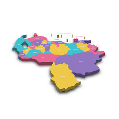 Venezuela political map of administrative divisions - states, capital district and federal dependencies. Colorful 3D vector map with dropped shadow and country name labels.