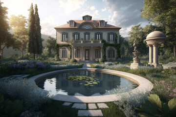  Villa with garden and pool, flowers, 3d render, generative ai